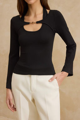 Siyah Fitted/Vucuda Oturan Kay?k Yaka Aksesuar Detayl? Pamuk Ribana Orme Bluz TWOSS26BZ00222