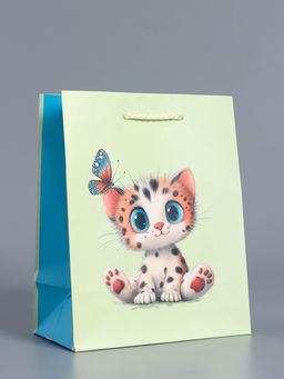 Пакет подарочный ламинированный «Маленький котенок», мятный - голубой, 18×22.3×10 см