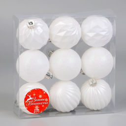 Ёлочные игрушки Перл, шары новогодние, пластик, набор d=6 см, 9 шт., грани, белый - Зимнее волшебство фото 2