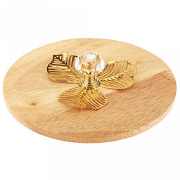 Блюдо-этажерка (конфетница, набор для холодца) стеклянное3-х секционное, 1 секция - 500мл д10,9см h6,3см, прозрачное стекло с деколью, одна бамбуковая крышка, ручка-кнопка "кристалл" с металлическим декором, металлическая подставка с ручкой, на ножка