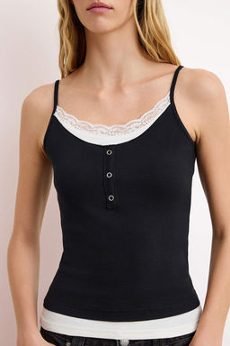 Siyah Renk Bloklu Fitted/Vucuda Oturan Havuz Yaka Dantel Detayl? Fitilli Orme Atlet TWOSS26AL00004 - Trendyolmilla фото 3