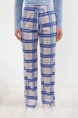 Mavi %100 Pamuklu Ekoseli Baglama ve Dugme Detayl? Orme Pijama Tak?m? THMAW25PT00004 - Trendyolmilla фото 4