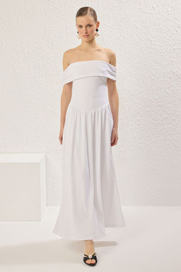 TRENDYOLMILLA Siyah A-Kesim Carmen Yaka Orme Midi S?k Elbise TPRSS25EL00150