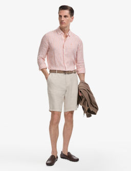 Turuncu Slim Fit %100 Keten Yakas_ D__meli _izgili G_mlek