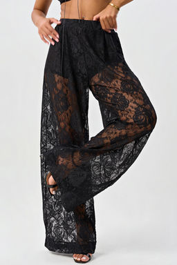 Брюки нарядные кружевные с розами черные