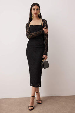 Siyah Dantel Orme Midi Bolero Detayl? S?k Gece Elbisesi TPRAW26EL00078