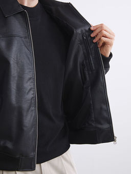 Standart Kal?p G?mlek Yaka Erkek Deri G?r?n?ml? Ceket