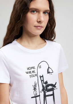 Kedi Bask?l? Beyaz Tisort - Mavi фото 5