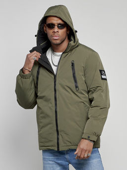 Куртка спортивная мужская зимняя с капюшоном цвета хаки 8360Kh