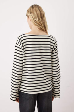 Ekru Kal?n Pamuklu Cizgili Regular/Normal Kal?p OrmeT-Shirt TWOAW26TS00001