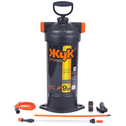Опрыскиватель-распылитель садовый, пластмассовый 9л "Жук Оптима", пневматический, литьевой бак со съёмной крышкой, алюминиевый нетелескопический брандспойтер 65см, регулировка распыла: от струи до тумана, предохранительный клапан, мерная шкала, стекл