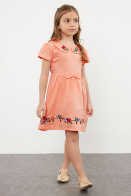 Pembe K?z Cocuk Bebe Yaka Cicek Desenli Pamuklu Bayraml?k Orme Elbise TKDSS24EL00021
