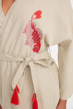 Mercan Kusakl? Maxi Dokuma Nak?sl? Keten Kar?s?ml? Plaj Kimono&Kaftan TBESS20KM0051