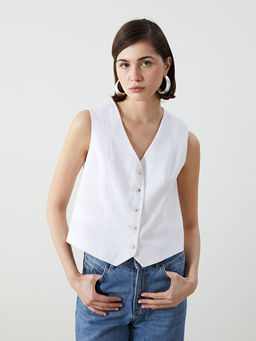 V Yaka Keten Kar???ml? Kad?n Klasik Yelek