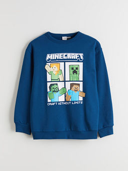 Bisiklet Yaka Minecraft Bask?l? Erkek ?ocuk Sweatshirt