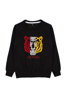 Siyah*001 Erkek Cocuk Mevsimlik-Ince Kaplan Desenli Bisiklet Yaka Orme Sweatshirt TKDAW25SW00007