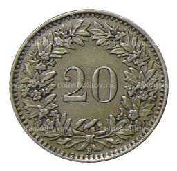 Монета 20 раппенов 1939 года Швейцария