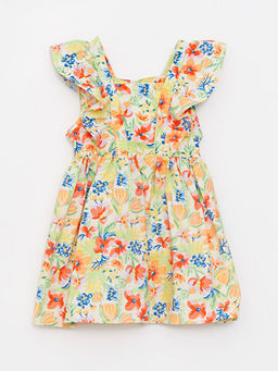 Kare Yaka Ask?l? Pamuklu ?i?ekli K?z Bebek Elbise