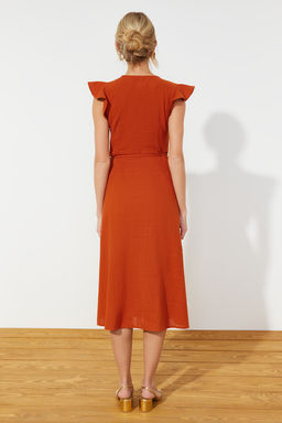 Kiremit Kruvaze F?rf?r Detayl? Keten Gorunumlu Midi Dokuma Elbise TWOSS24EL00071 - Trendyolmilla фото 6