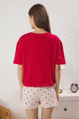 Trendyolmilla K?rm?z? %100 Pamuklu Kurdele/Fiyonklu Kalpli Sortlu Orme Pijama Tak?m? THMSS25PT00395  фото 4