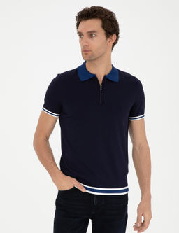 Lacivert Slim Fit Fermuarl_ Polo Yaka Triko T-shirt