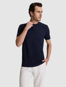 Lacivert Slim Fit Pamuk Kar___ml_ Bisiklet Yaka Basic T-shirt