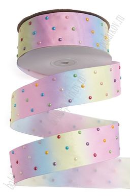 Лента репсовая с жемчужными полубусинами "Радуга" 3,8 см*20 ярд (SF-7027-2)