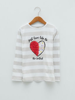 Bisiklet Yaka Bask?l? Uzun Kollu K?z ?ocuk Ti??rt