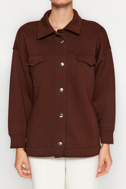 Kahverengi Oversize/Genis Kal?p Cepli ve Dugmeli Polo Yaka Ici Polarl? Orme Ceket TWOAW24CE00000 - Trendyolmilla фото 4