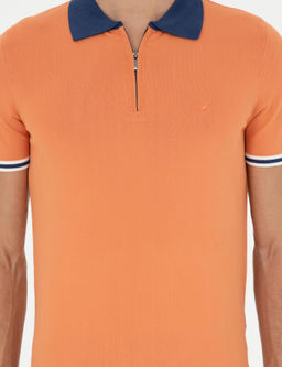 Turuncu Slim Fit Fermuarl_ Polo Yaka Triko T-shirt