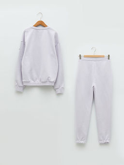 Bisiklet Yaka Bask?l? Uzun Kollu Oversize K?z ?ocuk Sweatshirt ve E?ofman Alt? - Waikiki фото 2