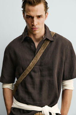 CAMISA POLO 100% LINO / Marr?n oscuro