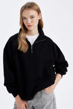 Oversize Genis Kal?p Fermuarl? Dik Yaka Cepli Basic Duz Kal?n Sweatshirt - Defacto фото 3