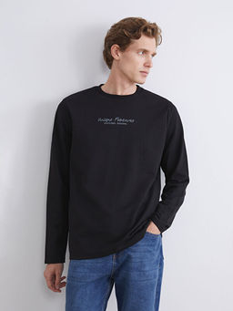 Bisiklet Yaka Uzun Kollu Bask?l? Erkek Sweatshirt
