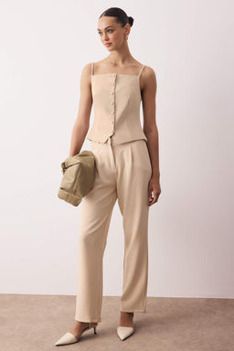 Tas Duz Kesim Wide Leg/Genis Paca Pileli Dokuma Kumas Pantolon TWOSS21PL0155