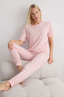 Trendyolmilla Bej Kalp Desenli Orme Pijama Tak?m? THMSS25PT00148