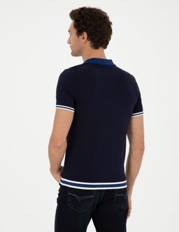 Темно-синяя трикотажная футболка узкого кроя с воротником-поло - Cacharel фото 5