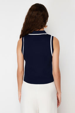 Lacivert Polo Yaka Renk Bloklu Bluz TWOSS24BZ00244