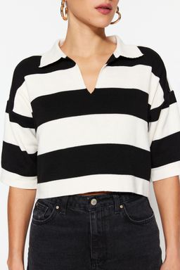 Siyah Crop Polo Yaka Basic Cizgili Ince Triko Bluz TWOSS23KZ00010 - Trendyolmilla фото 5