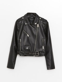 Kad?n Biker Yaka D?z Deri G?r?n?ml? Mont