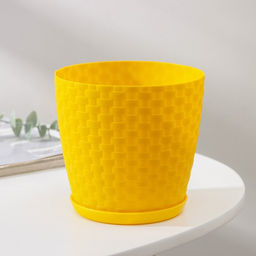 Цена за 3 шт. Горшок для цветов с поддоном «Ротанг», 1.2 л, d=13 см, h=12 см, пластиковый, жёлтый
