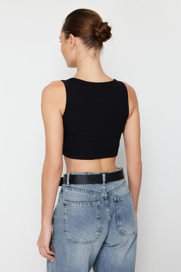 Siyah Ask?l? Super Crop Fitilli Esnek Orme Atlet TWOSS24AL00023