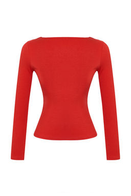 K?rm?z? Pamuklu Kare Yaka Regular Fit Orme Bluz TWOAW24BZ00016