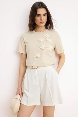 Trendyolmilla Ac?k Tas %100 Pamuk Aksesuar Cicek Detayl? Regular/Normal Kal?p Orme T-Shirt TWOSS25TS00026 фото 7