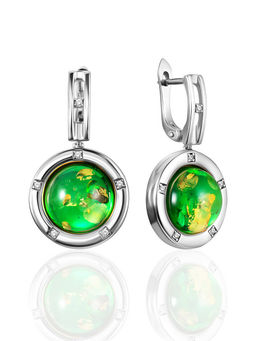 Яркие серьги с янтарём изумрудного цвета и кристаллами Ампир