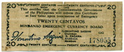 Банкнота 20 сентаво 1943 года Филиппины (Минданао, Администрация США)