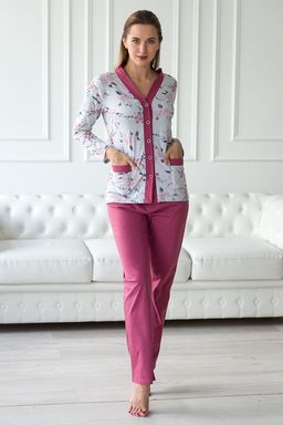 Пижама женская из жакета и брюк из кулирки Эльза цветы, брусничный