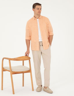 Оранжевая рубашка узкого кроя из смесового льна - Cacharel фото 4