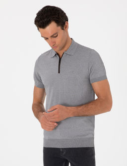 Gri Slim Fit Fermuarl_ Polo Yaka Triko T-shirt