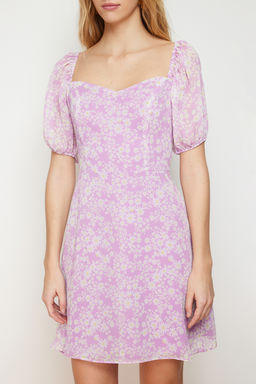 Lila Cicek Desenli A-Kesim Sifon Astarl? Mini Dokuma Elbise TWOSS23EL00512 - Trendyolmilla фото 4